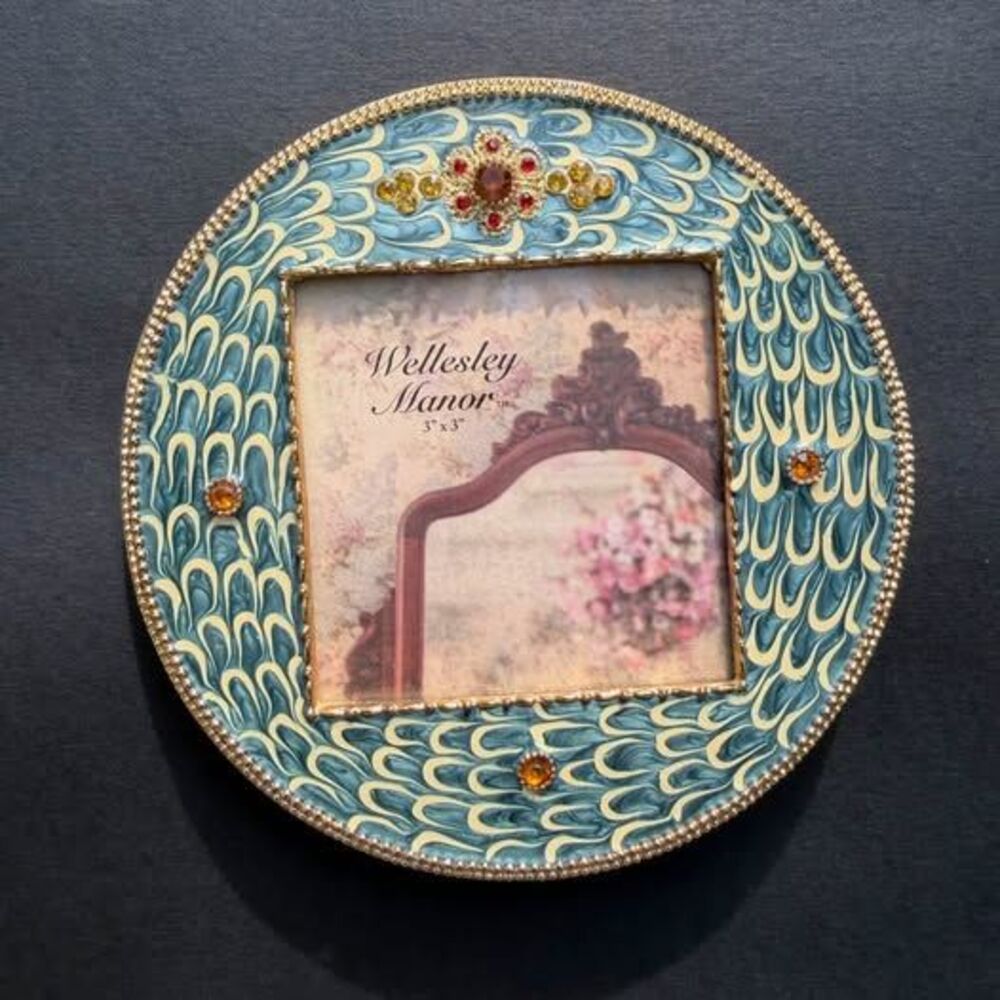 Vintage Wellesley Manor Enamel & Jeweled Round Picture Frame – 3x3